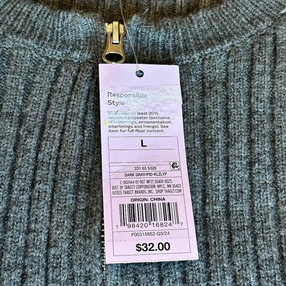 NWT Wild Fable Front Zip Long Sleeve Gray Ribbed Sweater Size Large